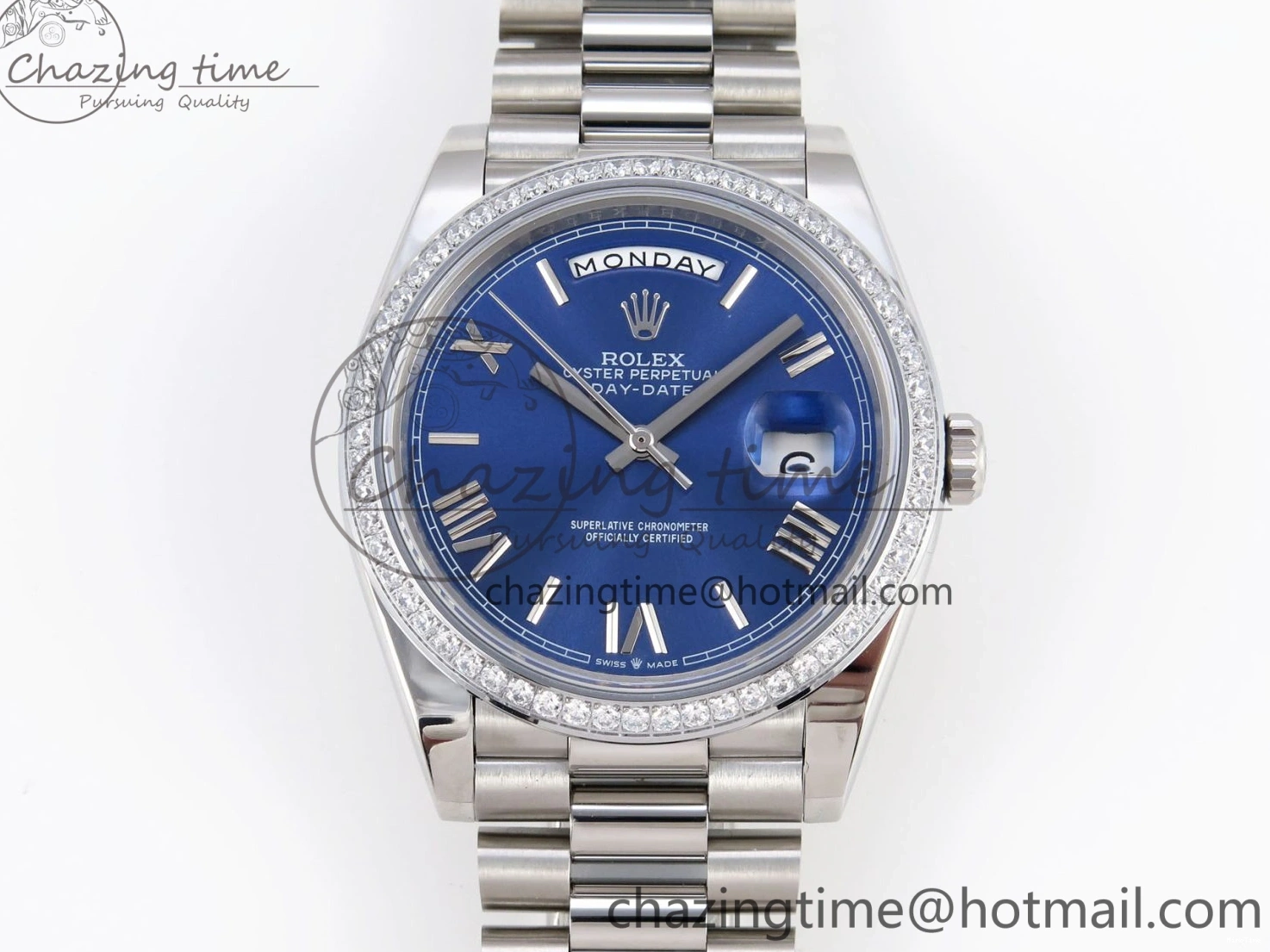 MiroTime 0523 QuickDry DayDate 40 SS GSF Gain Weight Blue Roman Dial Diamonds Bezel on President Bracelet A 1917